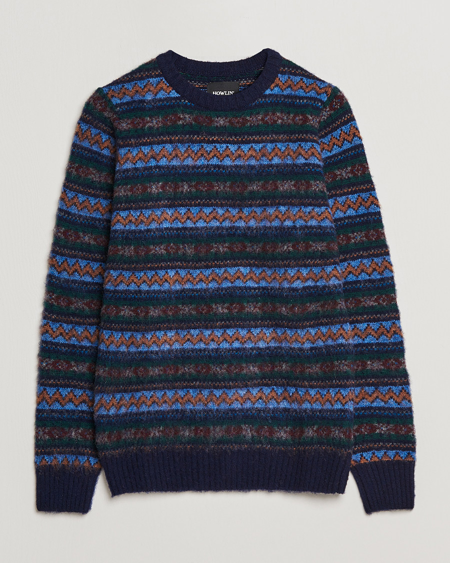 Men | Sweaters & Knitwear | Howlin' | Brushed Wool All Over Fair Isle Crew Neck Navy
