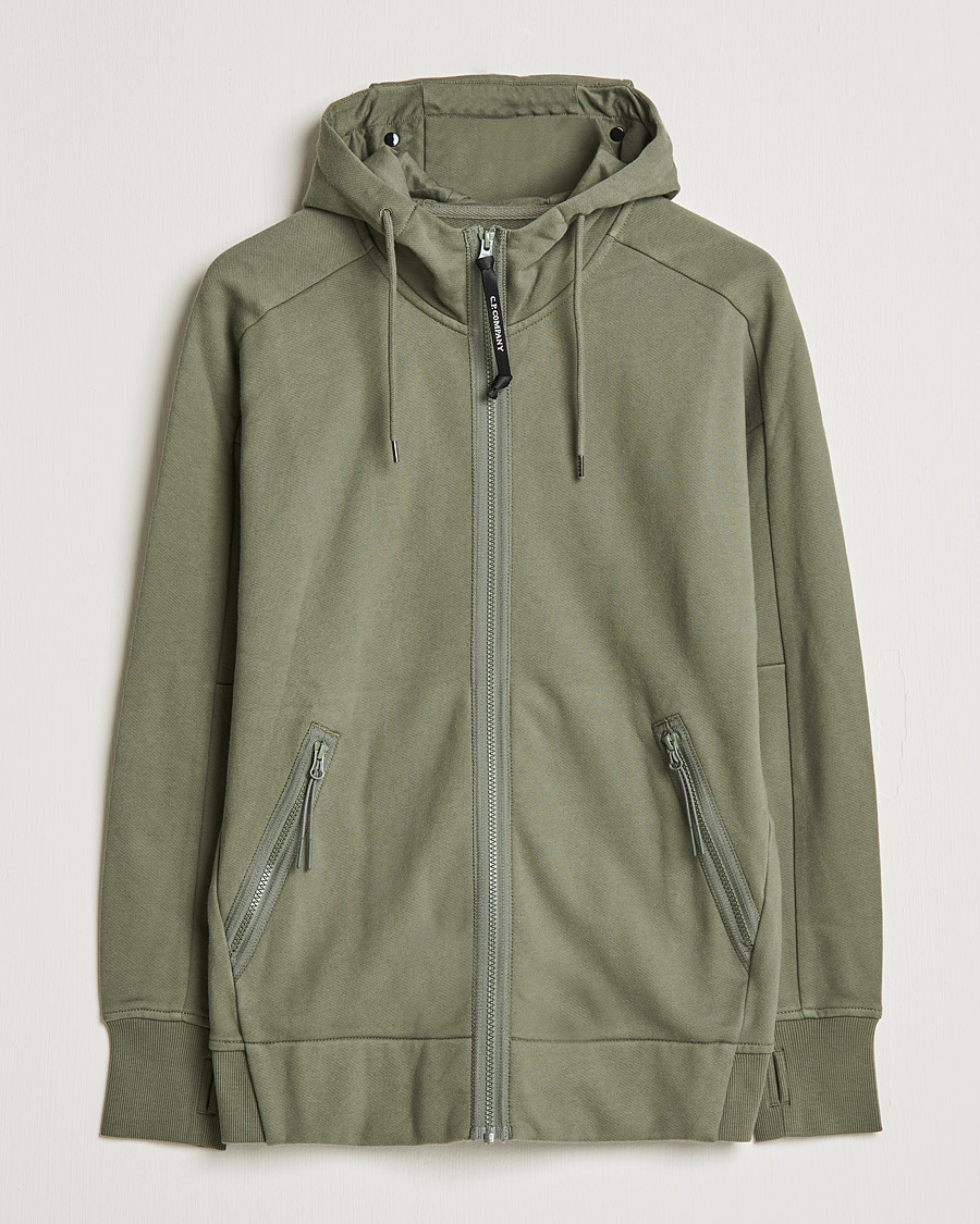 Men | Sweaters & Knitwear | C.P. Company | Diagonal Raised Fleece Full Zip Goggle Hoodie Green