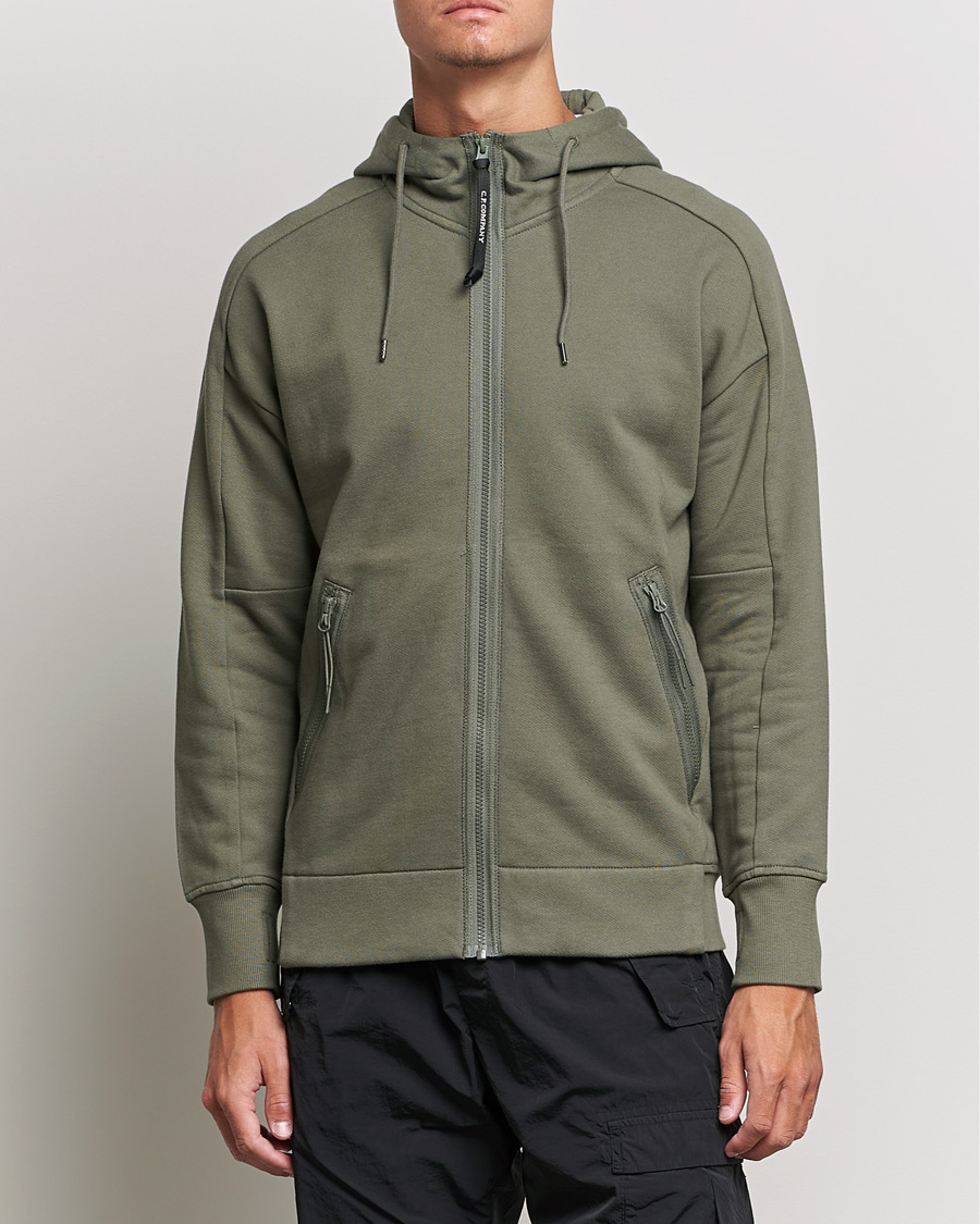 Men | Sweaters & Knitwear | C.P. Company | Diagonal Raised Fleece Full Zip Goggle Hoodie Green