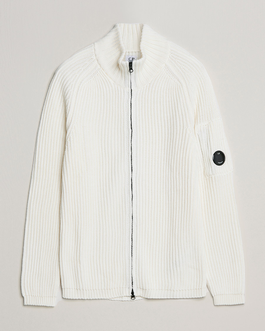 Men | Sweaters & Knitwear | C.P. Company | Merino Wool Full Zip Lens Cardigan White