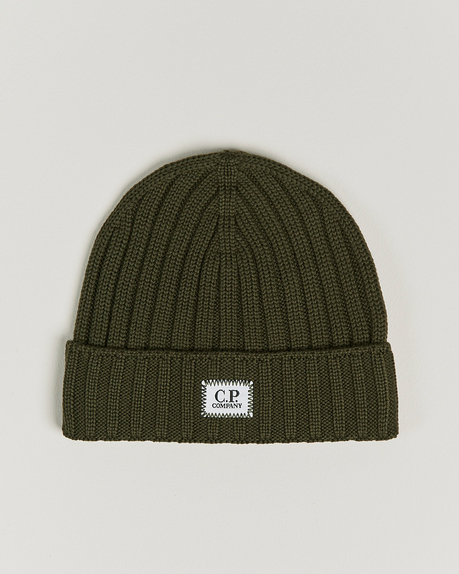 Men | C.P. Company Knitted Merino Logo Beanie Dark Green | C.P. Company | Knitted Merino Logo Beanie Dark Green