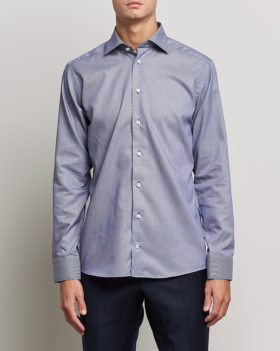 Men | Shirts | Eton | Striped Fine Twill Slim Shirt Navy Blue