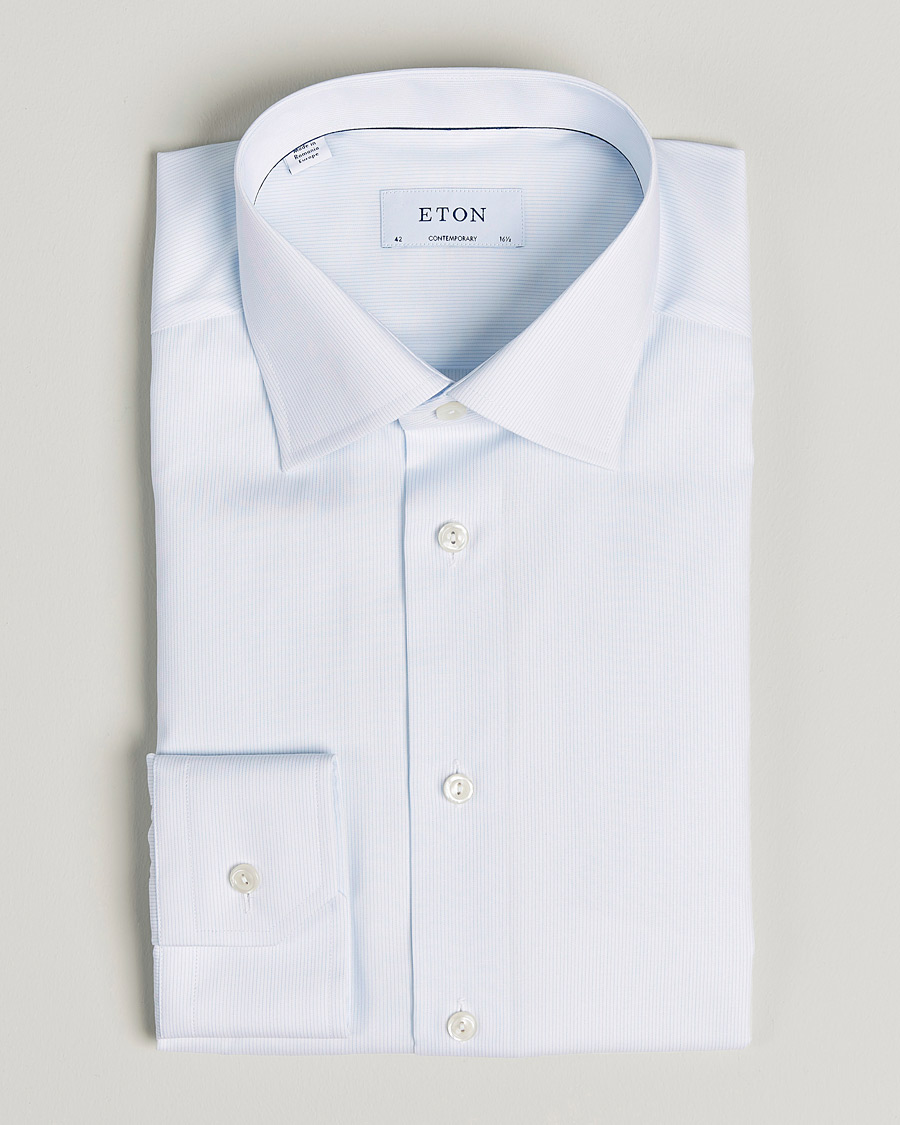 Men |  | Eton | Hair line Striped Contemporary Twill Shirt Light Blue