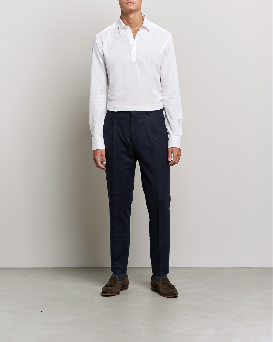 Men | Long Sleeve Polo Shirts | Eton | Slim Fit Cotton Piqué Popover Shirt  White