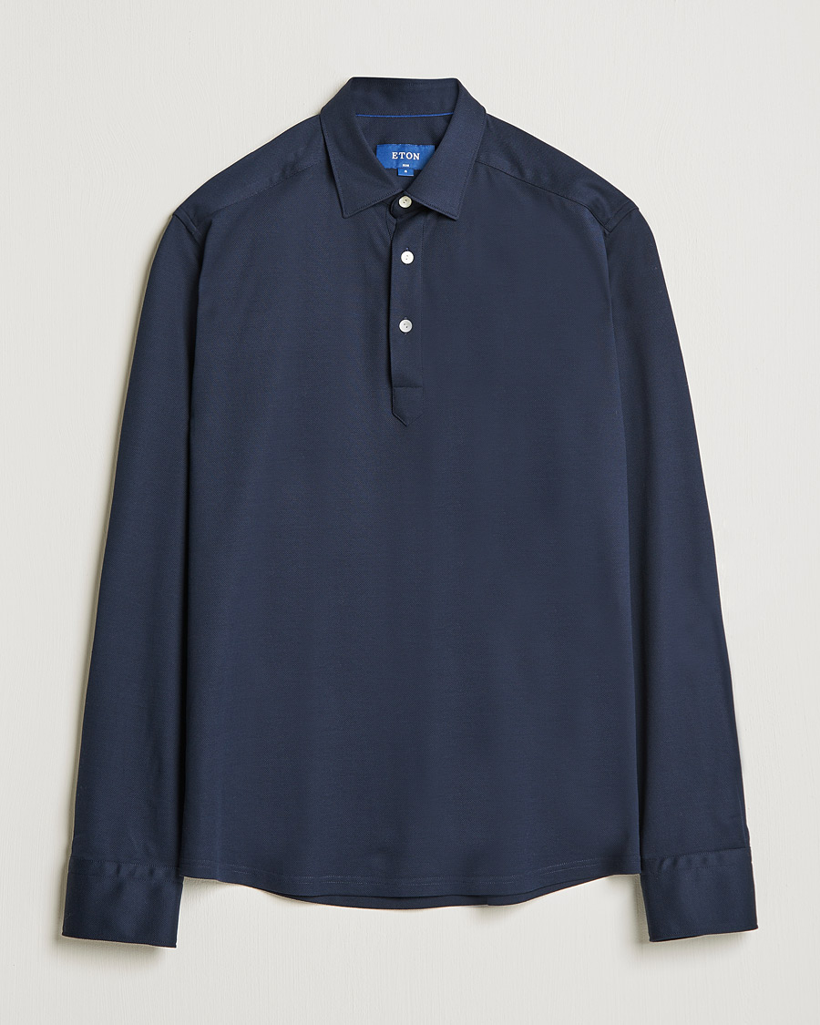 Men |  | Eton | Slim Fit Cotton Piqué Popover Shirt  Navy