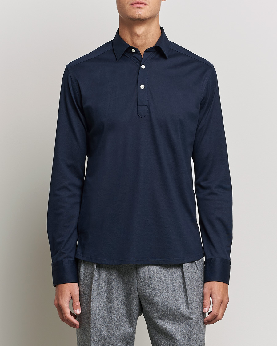 Men | Sweaters & Knitwear | Eton | Slim Fit Cotton Piqué Popover Shirt Navy