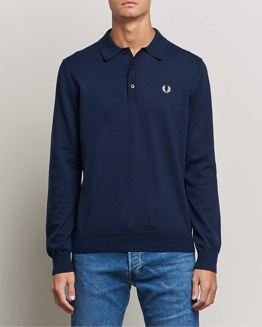 Men | Knitted Polo Shirts | Fred Perry | Long Sleeve Knitted Shirt Navy