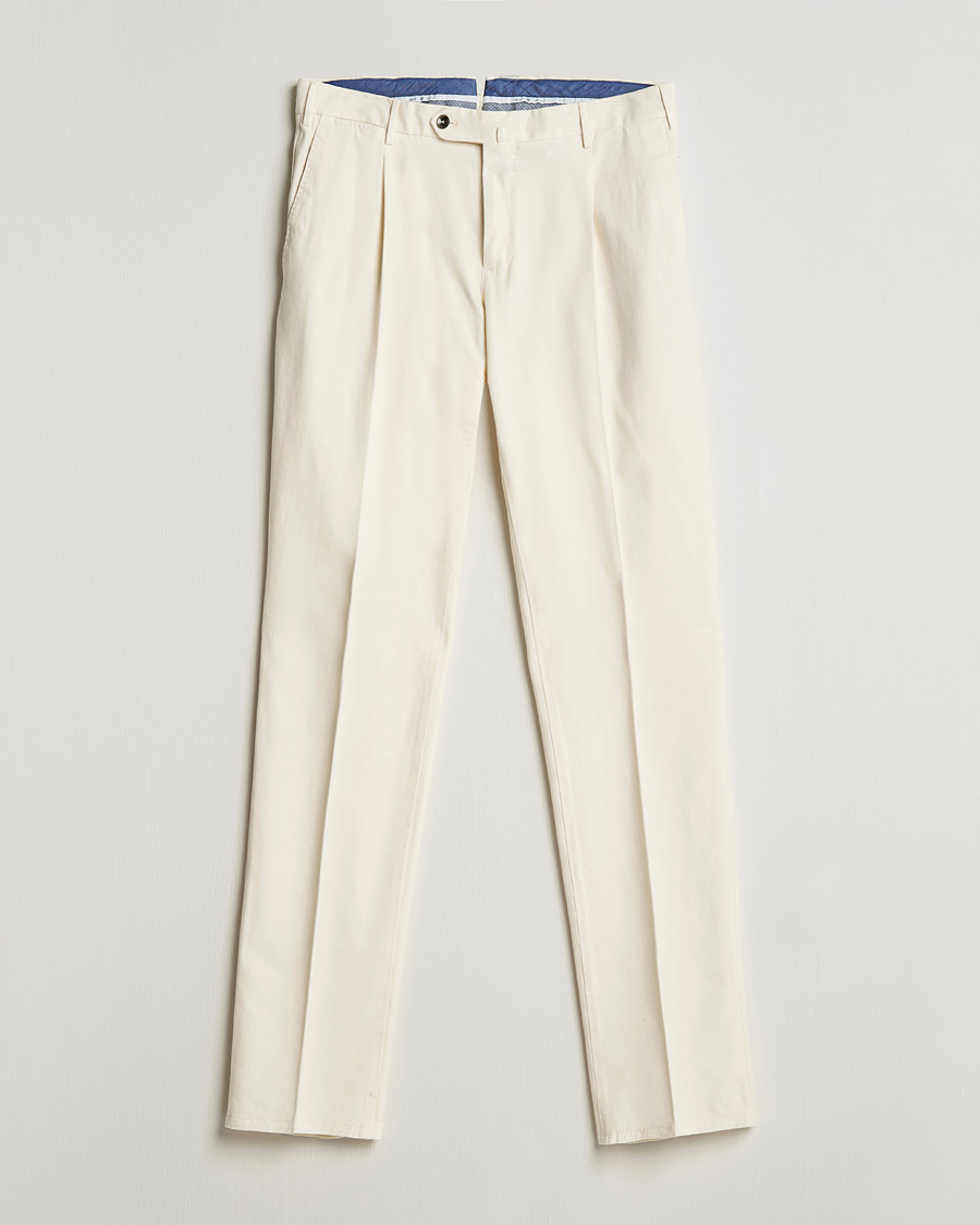 PT01 Slim Fit Pleated Cotton Stretch Chinos Off White at