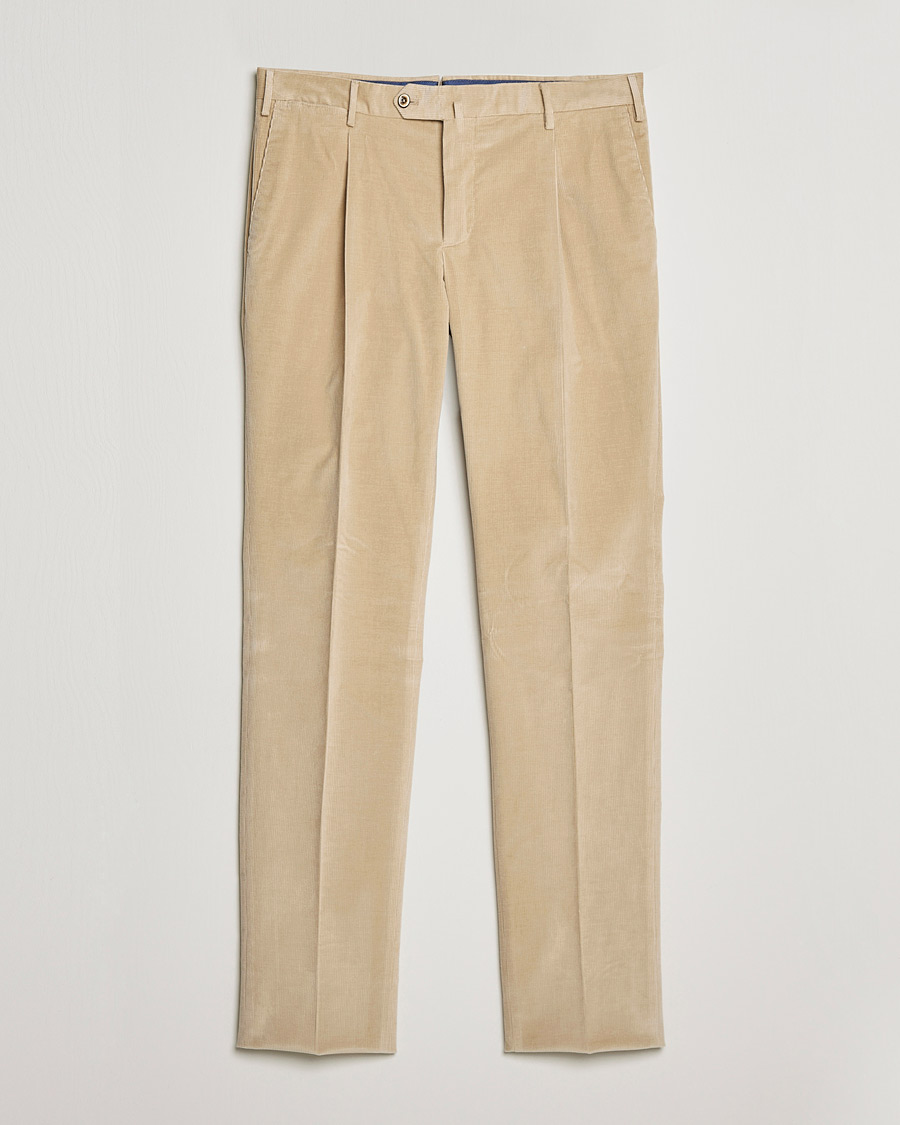 Men | Trousers | PT01 | Slim Fit Pleated Corduroy Trousers Light Beige