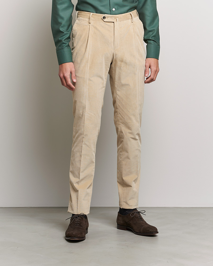 Men |  | PT01 | Slim Fit Pleated Corduroy Trousers Light Beige