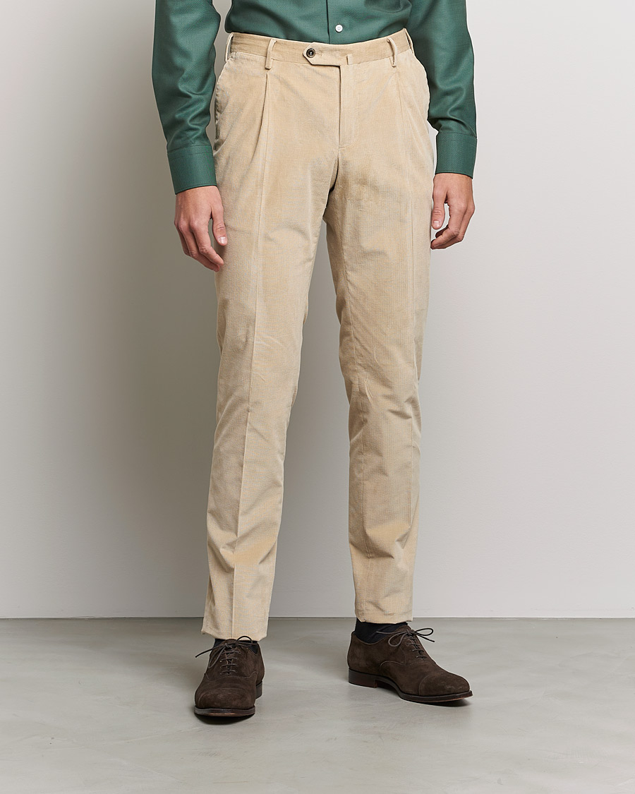 Men | Trousers | PT01 | Slim Fit Pleated Corduroy Trousers Light Beige