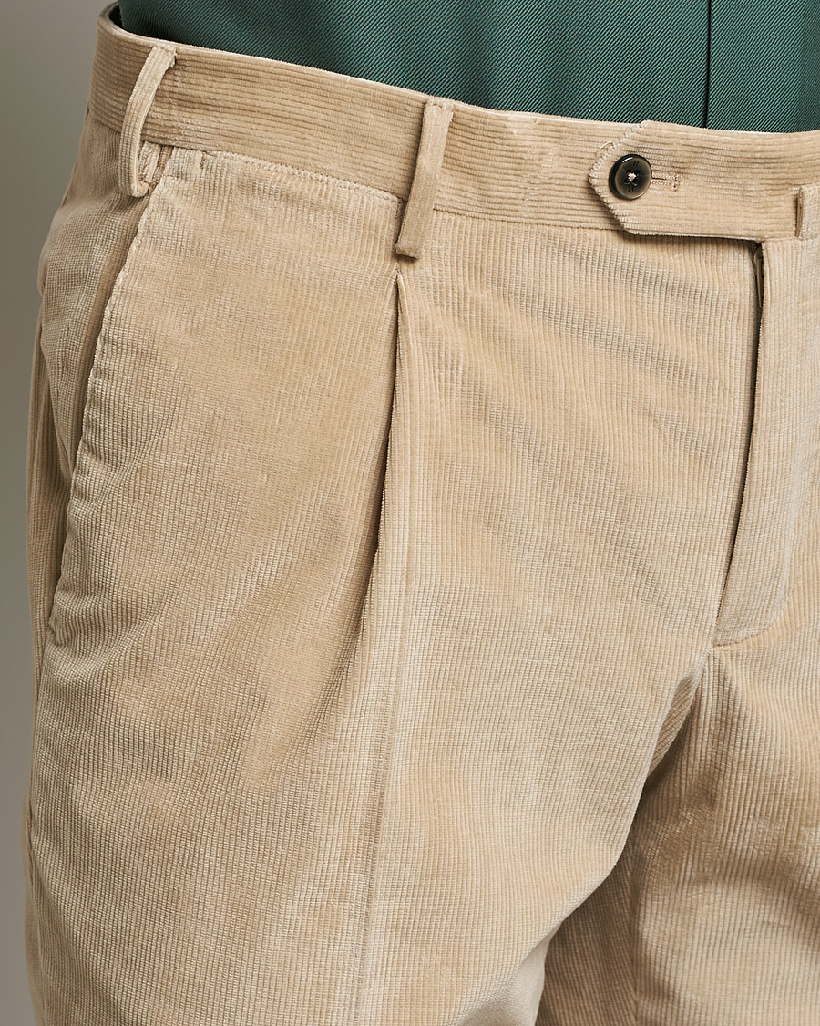 Men | Trousers | PT01 | Slim Fit Pleated Corduroy Trousers Light Beige