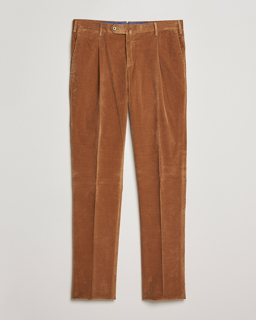 Men | Trousers | PT01 | Slim Fit Pleated Corduroy Trousers Caramel