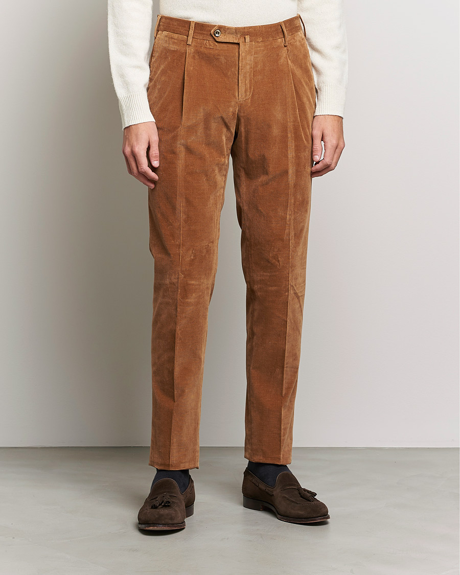 Men | Corduroy Trousers | PT01 | Slim Fit Pleated Corduroy Trousers Caramel