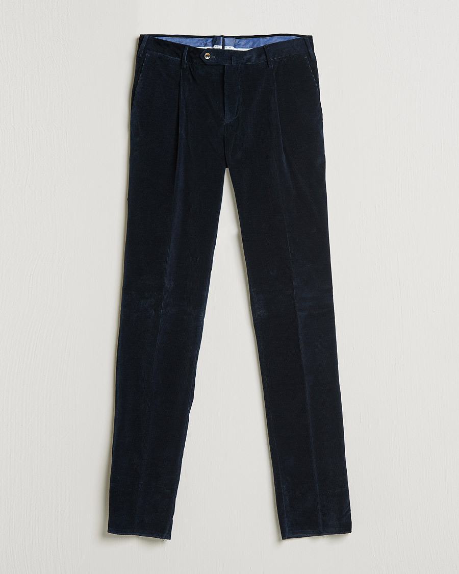 Men |  | PT01 | Slim Fit Pleated Corduroy Trousers Navy