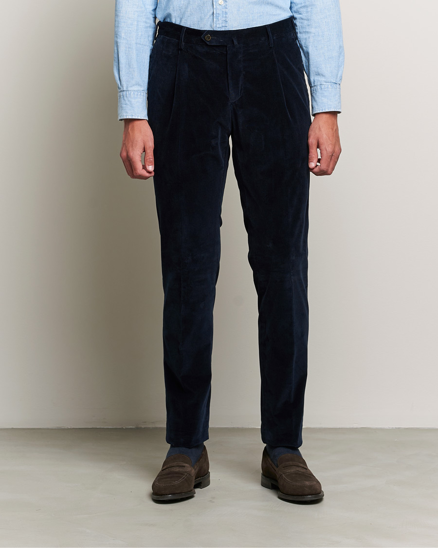 Men | Corduroy Trousers | PT01 | Slim Fit Pleated Corduroy Trousers Navy
