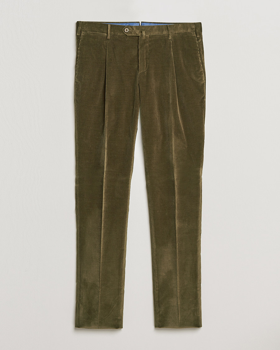 Men | Trousers | PT01 | Slim Fit Pleated Corduroy Trousers Forest Green