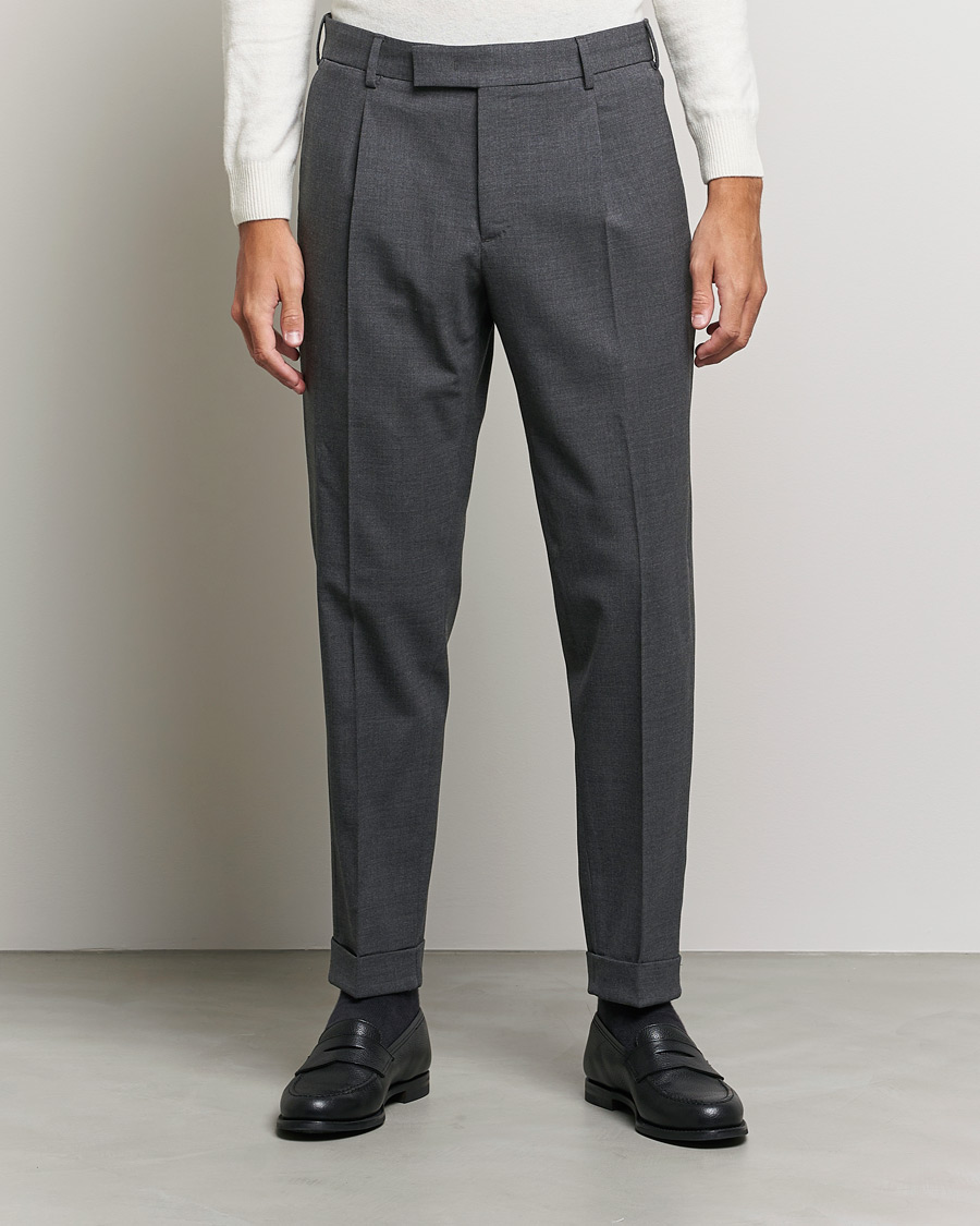 Men |  | PT01 | Slim Fit Pleated Wool Trousers Dark Grey