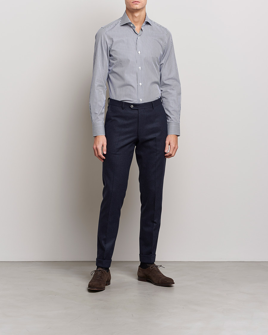 Men | Casual Shirts | Finamore Napoli | Milano Slim Dress Shirt Light Blue Stripe