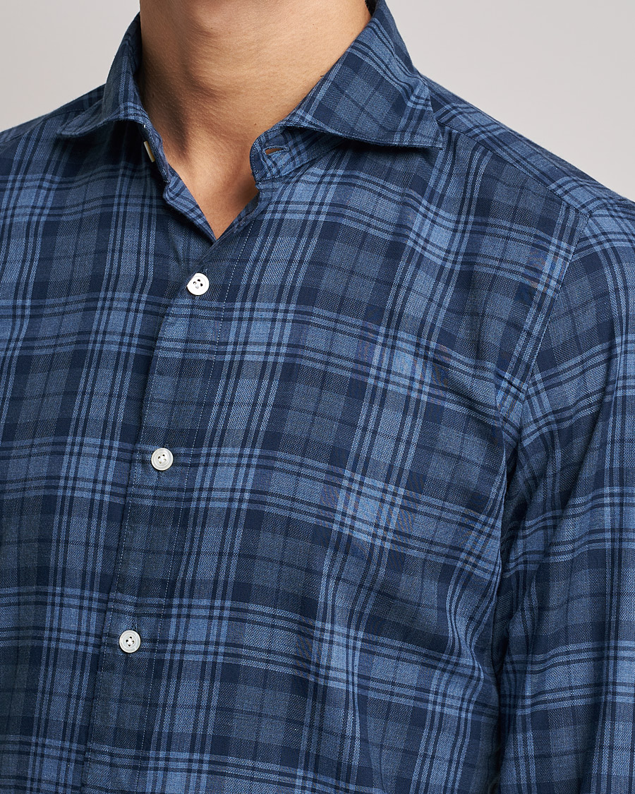 Men | Shirts | Finamore Napoli | Tokyo Slim Light Flannel Shirt Navy Check