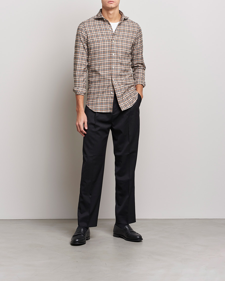 Men |  | Finamore Napoli | Tokyo Slim Light Flannel Shirt Brown Check