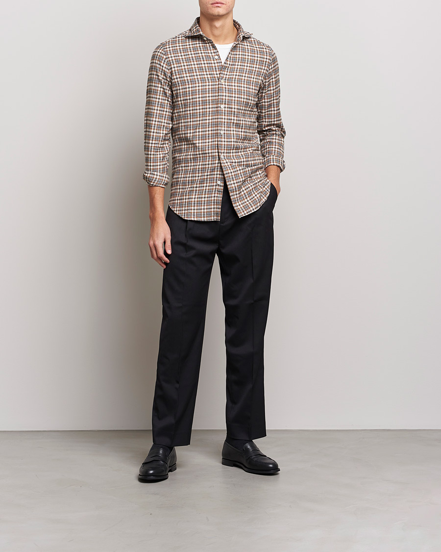 Men | Shirts | Finamore Napoli | Tokyo Slim Light Flannel Shirt Brown Check