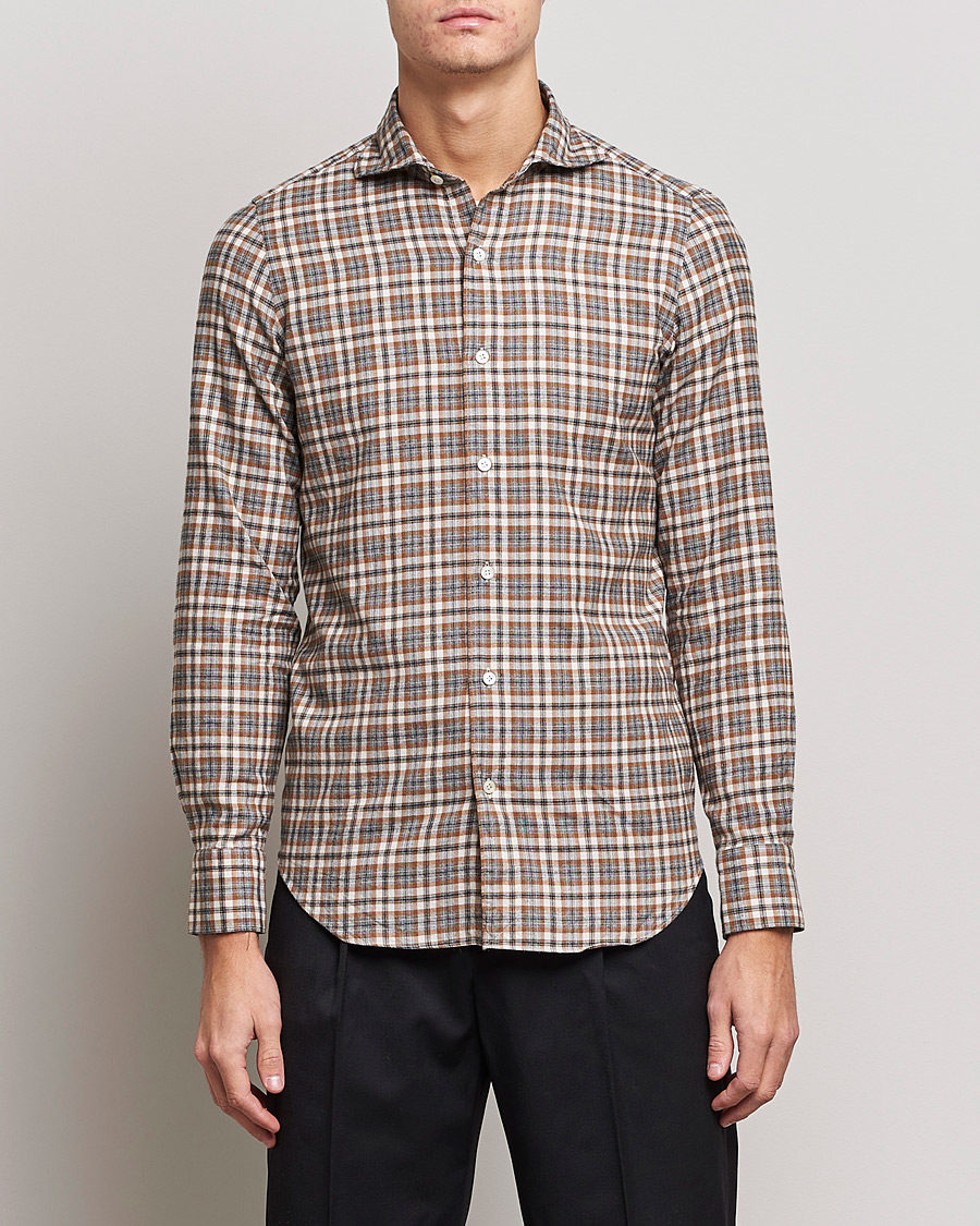 Men | Flannel Shirts | Finamore Napoli | Tokyo Slim Light Flannel Shirt Brown Check