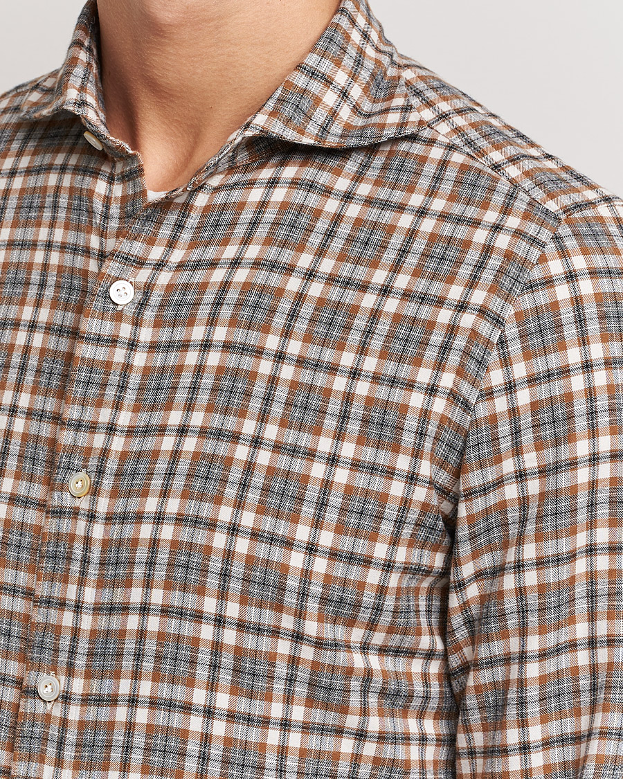 Men | Shirts | Finamore Napoli | Tokyo Slim Light Flannel Shirt Brown Check