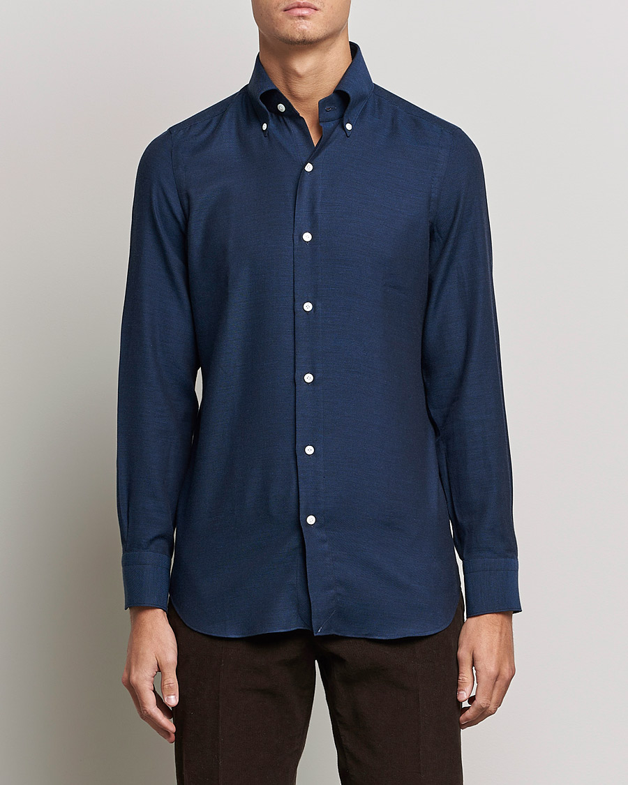 Men | Flannel Shirts | Finamore Napoli | Milano Slim Cashmere BD Shirt Navy