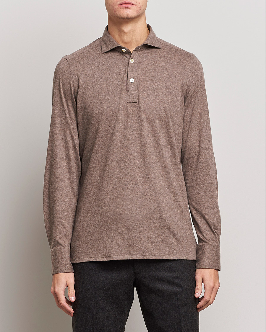 Men | Long Sleeve Polo Shirts | Finamore Napoli | Orlando Cashmere Blend Long Sleeve Polo Brown