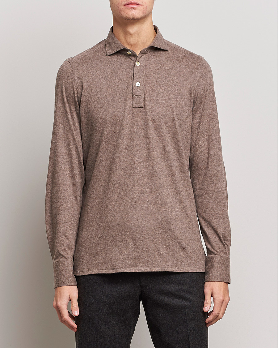 Men | Sweaters & Knitwear | Finamore Napoli | Orlando Cashmere Blend Long Sleeve Polo Brown