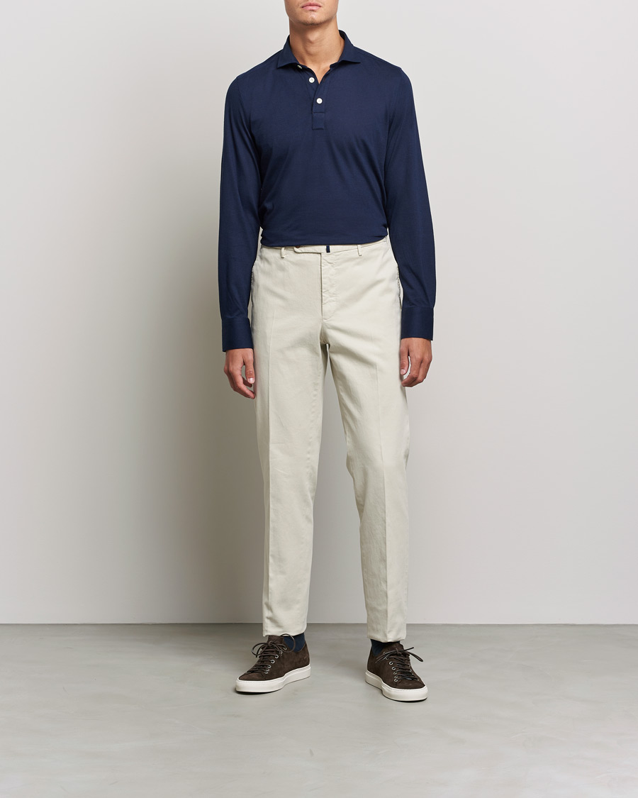 Men | Long Sleeve Polo Shirts | Finamore Napoli | Orlando Cashmere Blend Long Sleeve Polo Navy