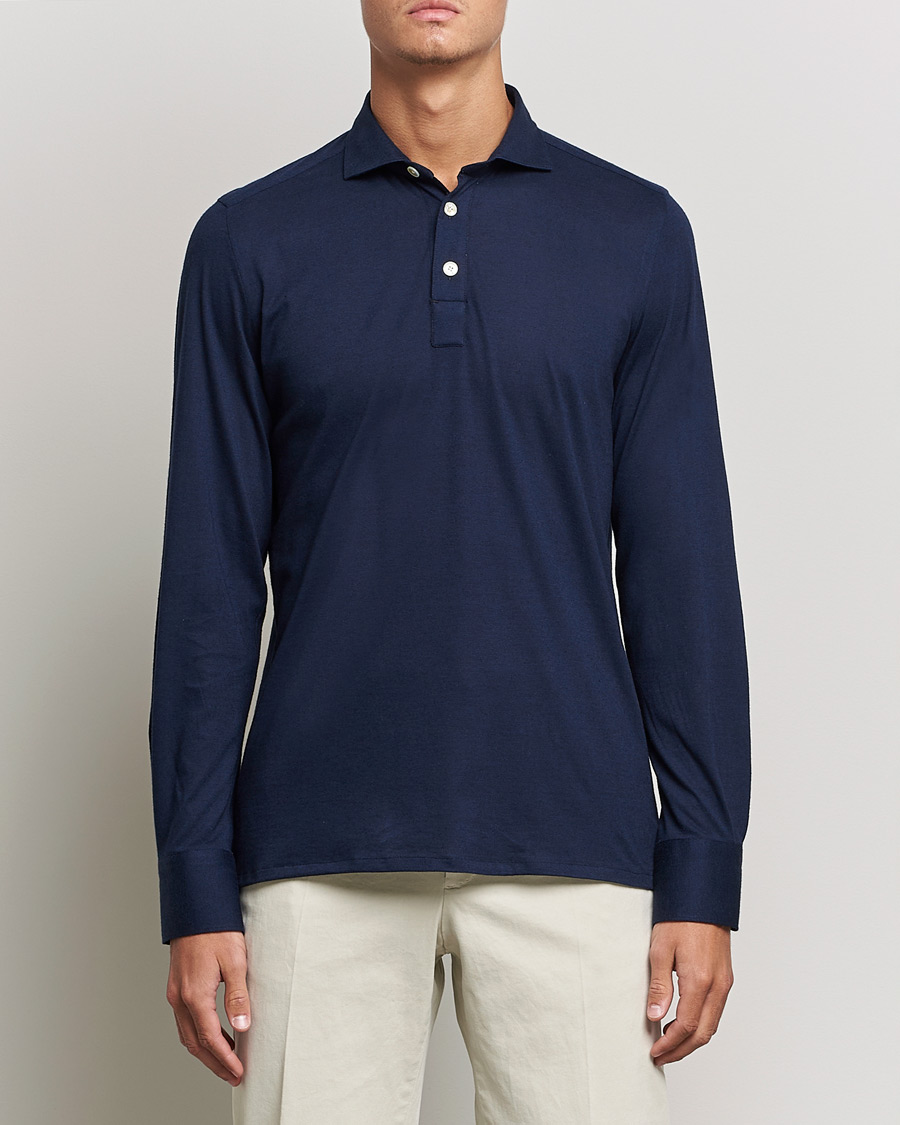 Men | Sweaters & Knitwear | Finamore Napoli | Orlando Cashmere Blend Long Sleeve Polo Navy