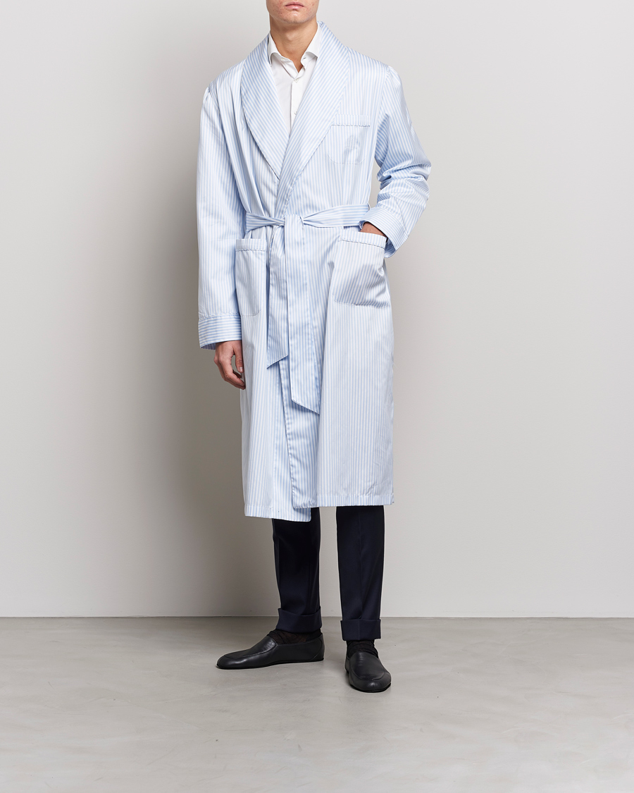 Men | Pyjamas & Robes | Finamore Napoli | Levante Popeline Robe Light Blue Stripe