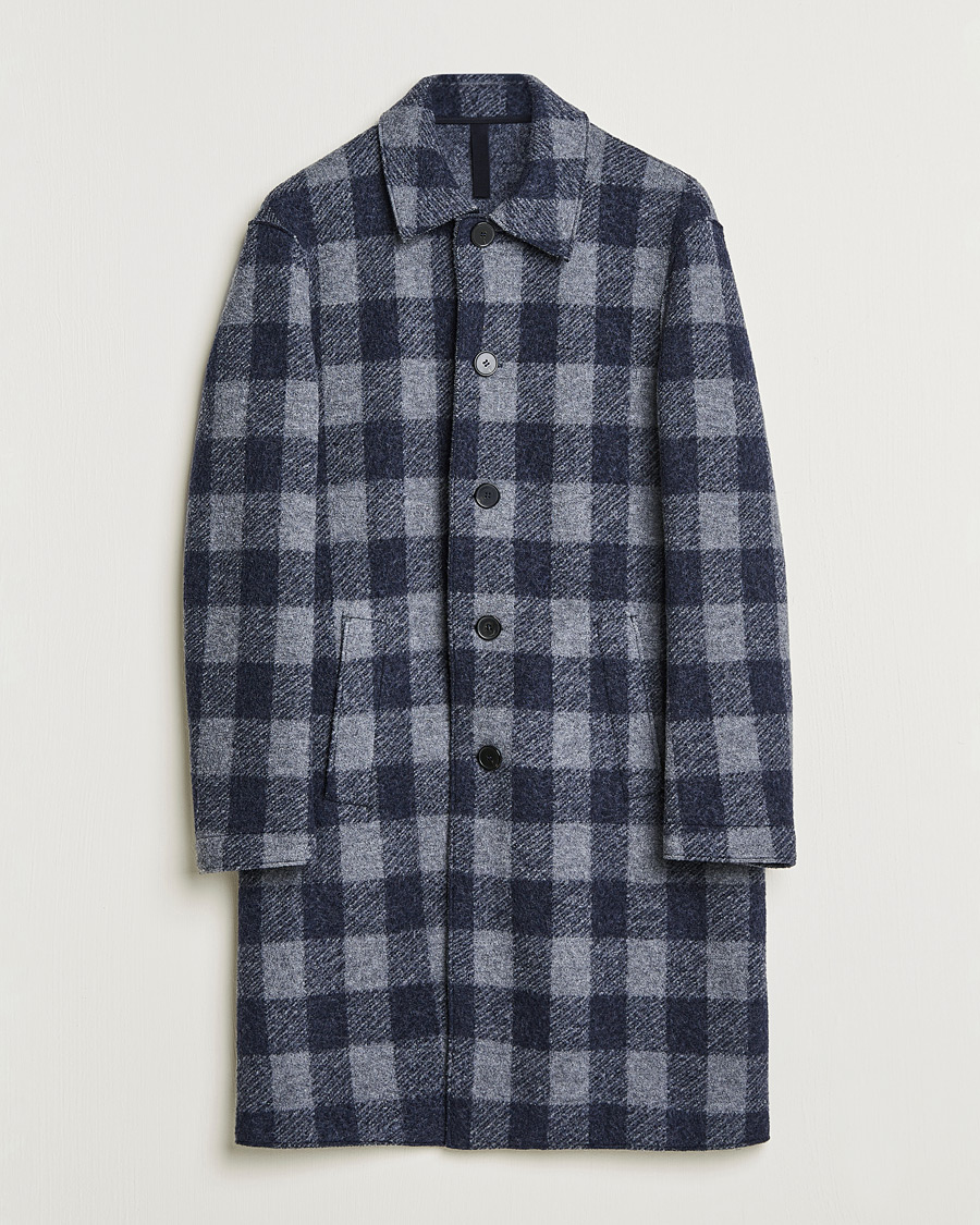 Men | Coats & Jackets | Harris Wharf London | Vichy Fleece Lined Mac Coat Blue/Grey