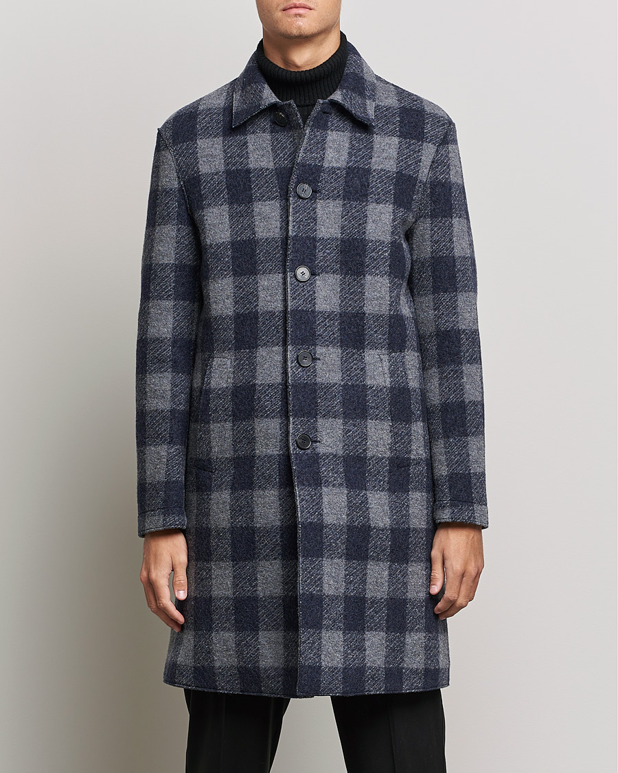 Men |  | Harris Wharf London | Vichy Fleece Lined Mac Coat Blue/Grey