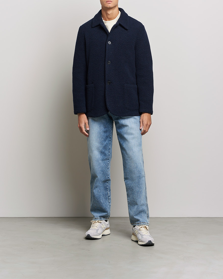Men | Overshirts | Harris Wharf London | Harrington Wool Boucleè Shirt Jacket Navy
