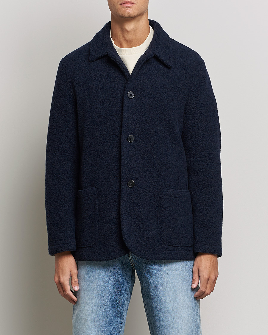 Men |  | Harris Wharf London | Harrington Wool Boucleè Shirt Jacket Navy