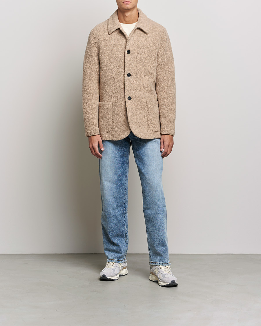Men | Overshirts | Harris Wharf London | Harrington Wool Boucleè Shirt Jacket Tan