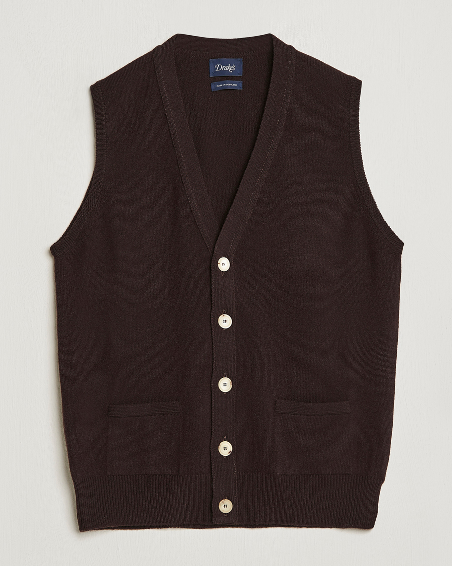 Men | Sweaters & Knitwear | Drake's | Lambswool Vest Cardigan Brown