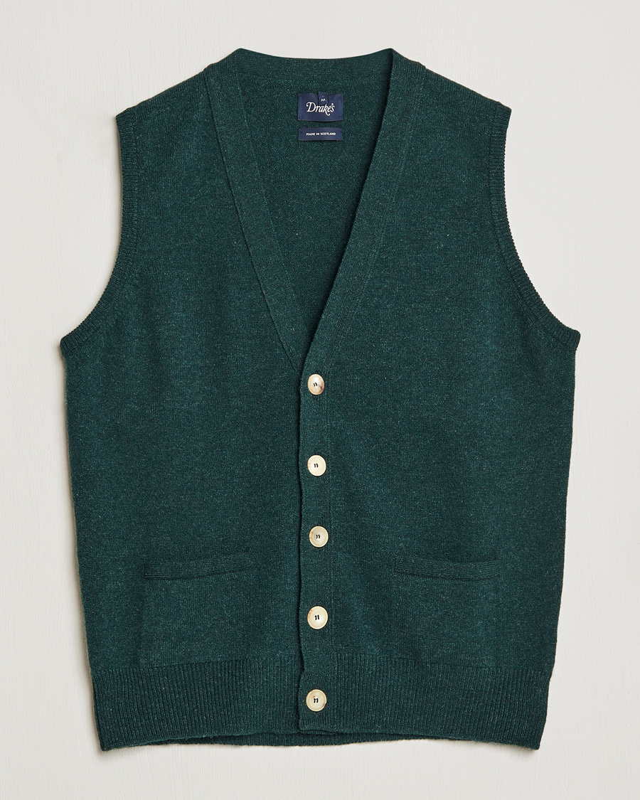Men | Sweaters & Knitwear | Drake's | Lambswool Vest Cardigan Green