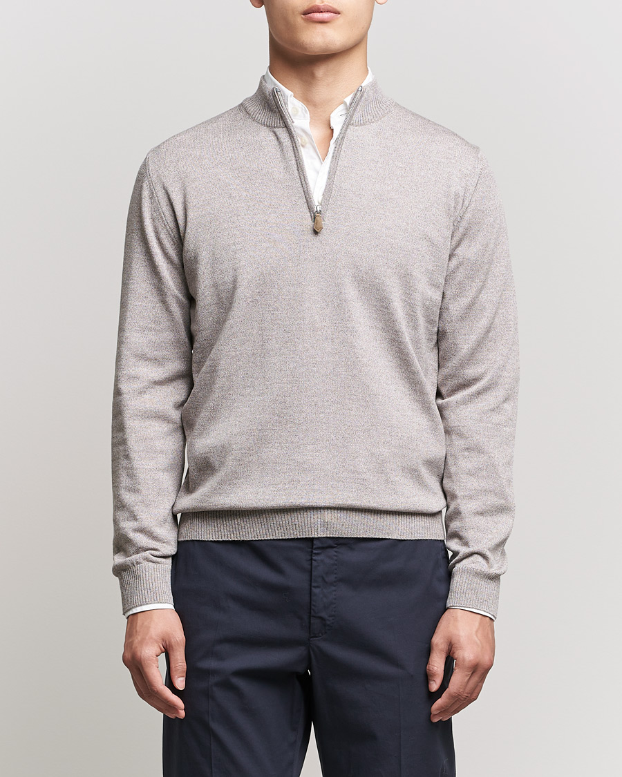 Men | Sweaters & Knitwear | Stenströms | Merino Wool Half Zip Beige Mouliné