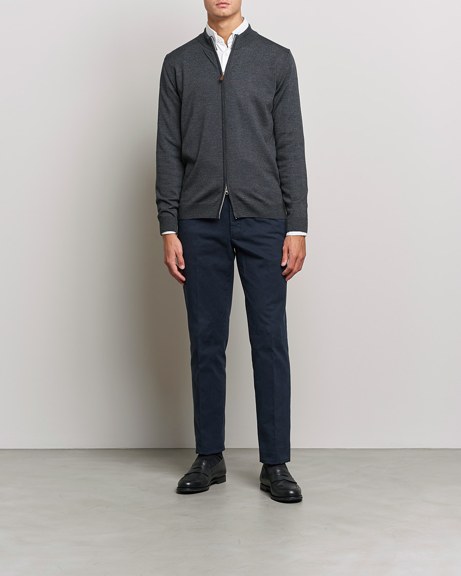 Men | Sweaters & Knitwear | Stenströms | Merino Full Zip Charcoal Grey