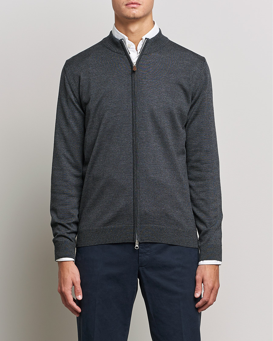 Men | Sweaters & Knitwear | Stenströms | Merino Full Zip Charcoal Grey