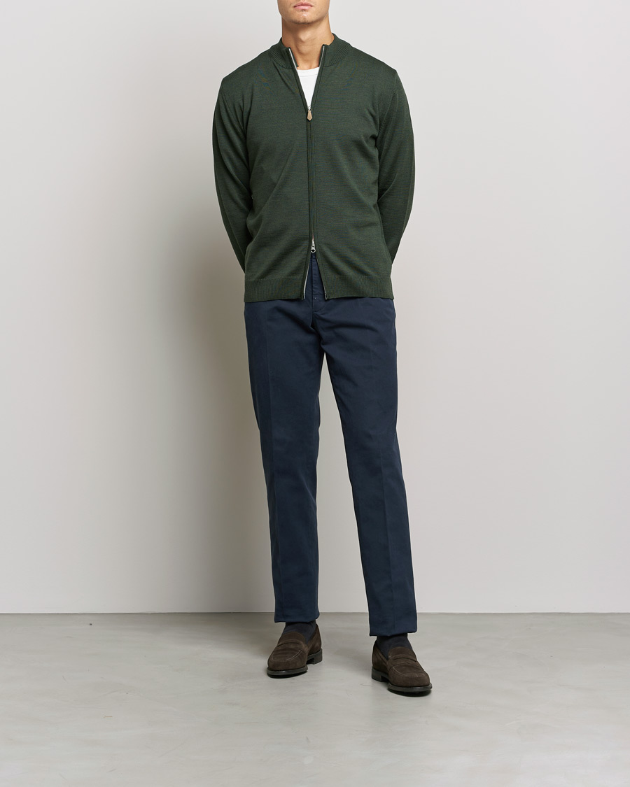 Men | Sweaters & Knitwear | Stenströms | Merino Full Zip Dark Green