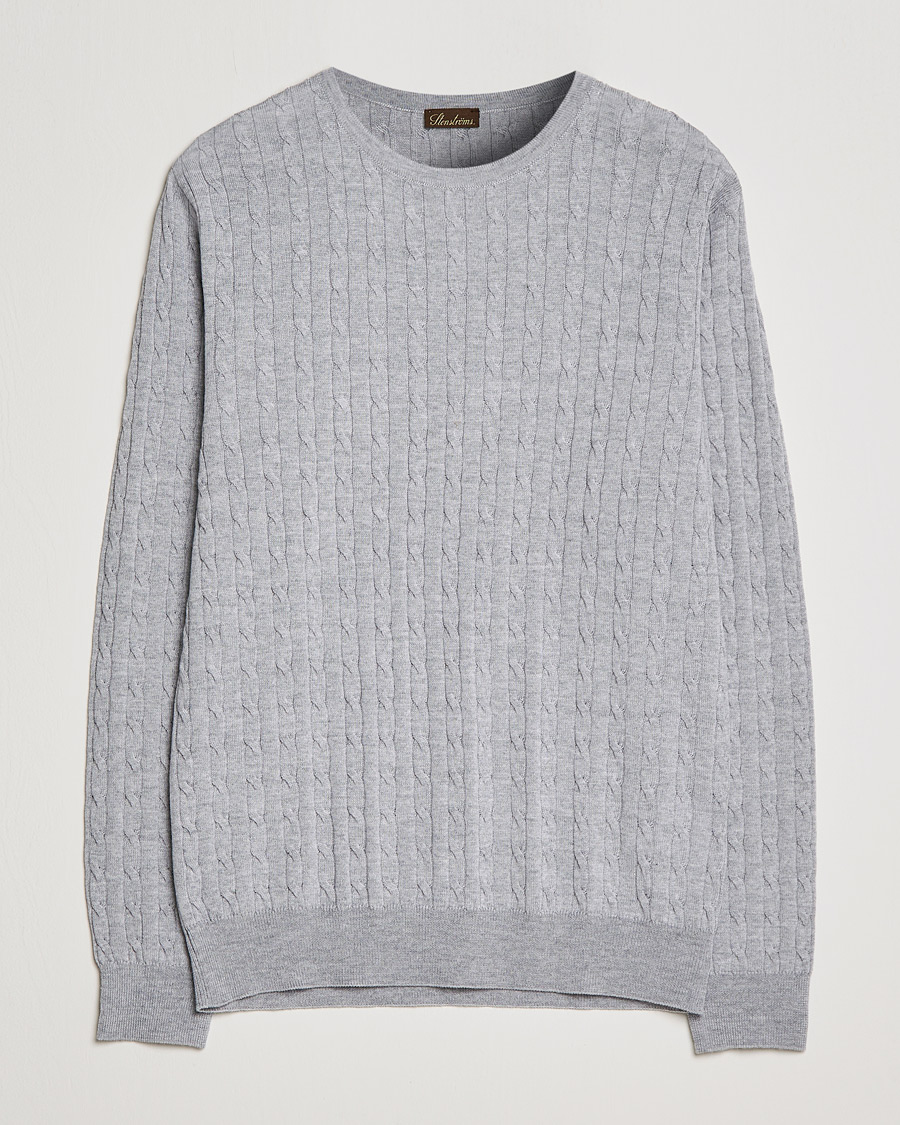 Men | Sweaters & Knitwear | Stenströms | Merino Cable Crew Neck Light Grey