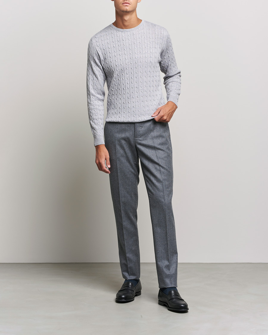 Men | Sweaters & Knitwear | Stenströms | Merino Cable Crew Neck Light Grey