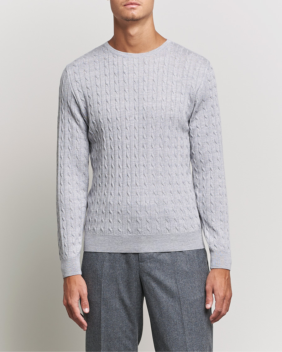 Men | Sweaters & Knitwear | Stenströms | Merino Cable Crew Neck Light Grey