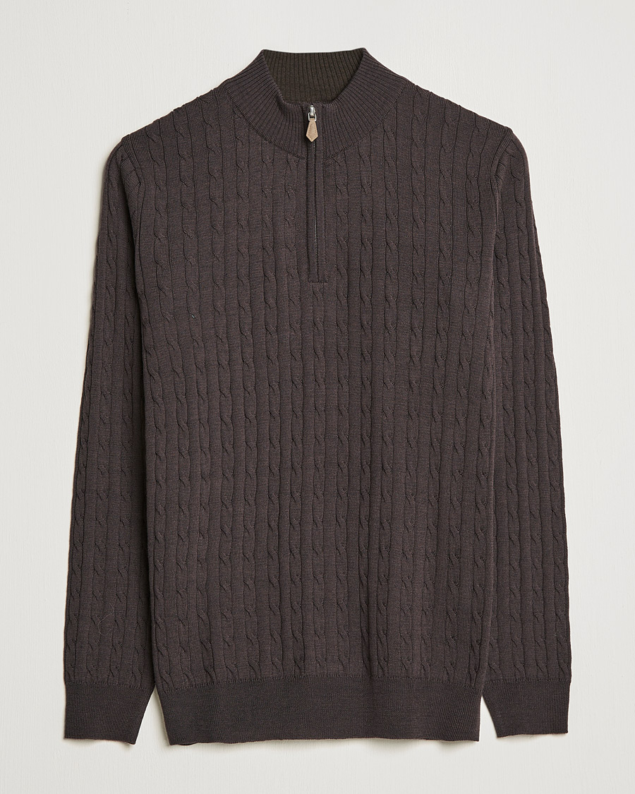Men | Sweaters & Knitwear | Stenströms | Merino Wool Cable Half Zip Dark Brown