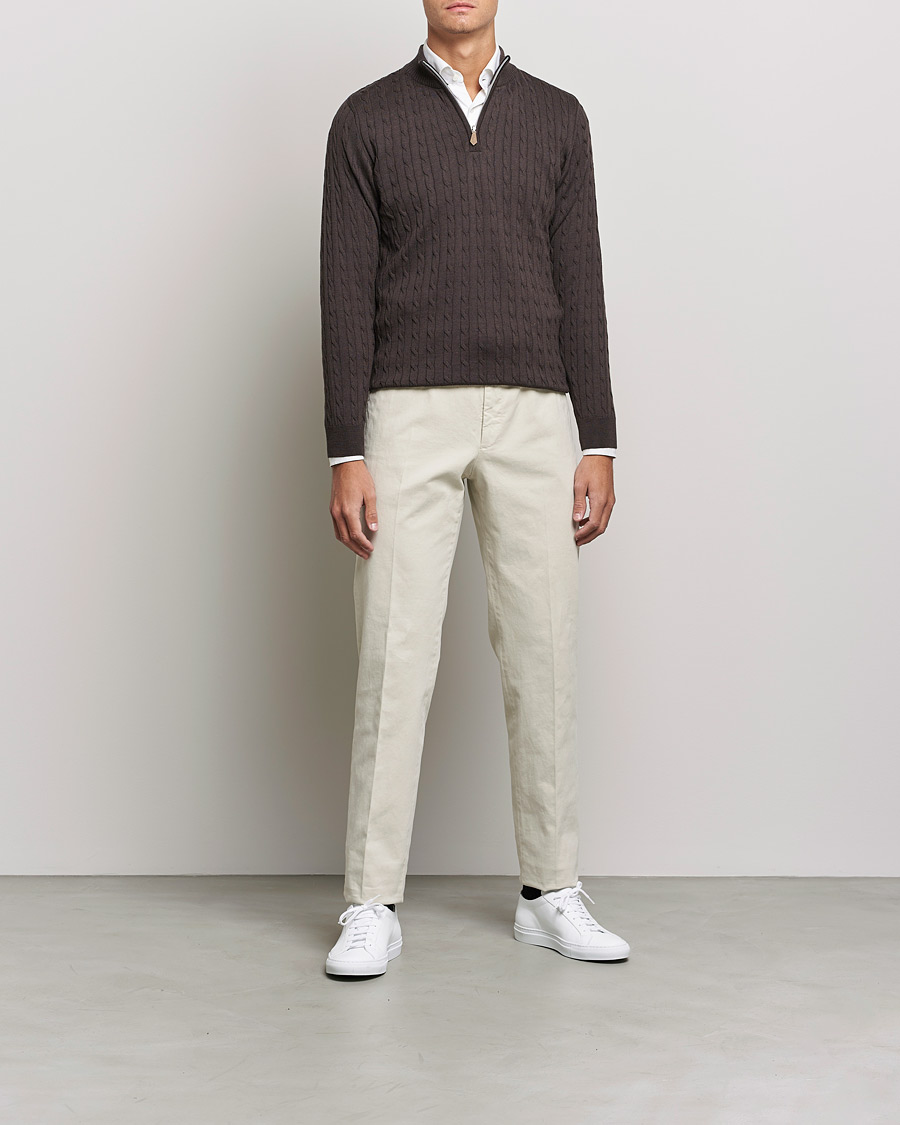 Men | Sweaters & Knitwear | Stenströms | Merino Wool Cable Half Zip Dark Brown